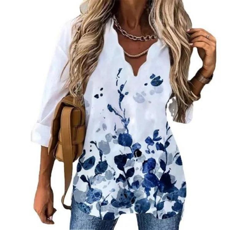 European American Women Printed Long Sleeve Shirt with Wave Collar Summer