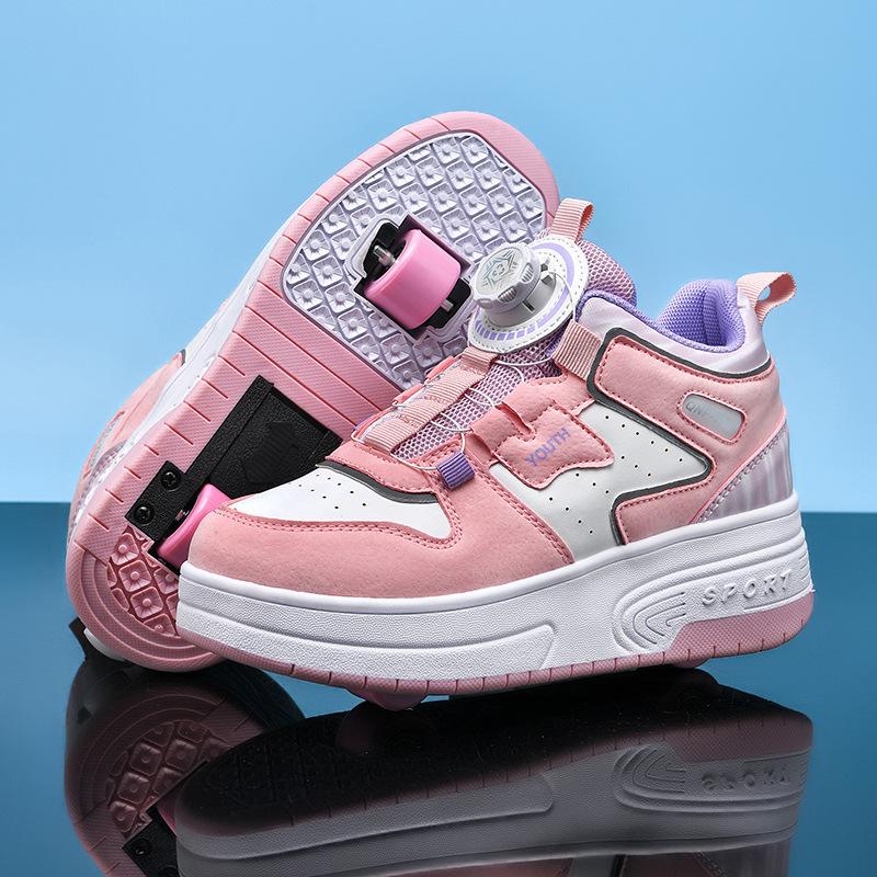 Children's runaway shoes Boys' double-wheel invisible sneakers Girls' rotating button running medium and large