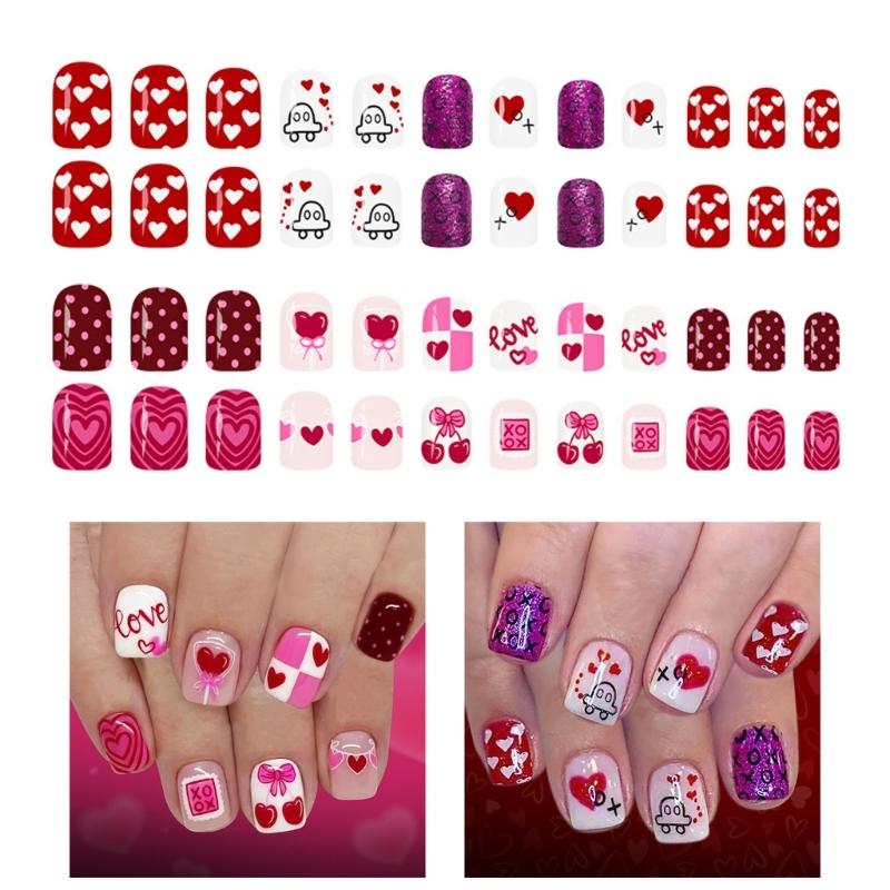 48Pcs False Nail Pink Heart Cherries Blossom Glitters Pattern Romantics Theme Easy To Apply for Parties Daily Use