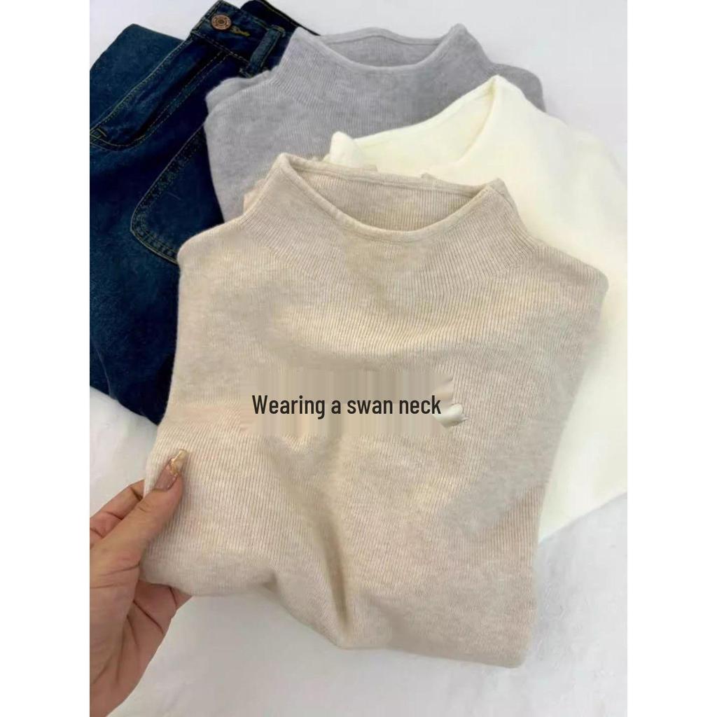 Maillard Women's Knitted Semi-High Neck Sweater - Solid Color, Long Sleeve, Autumn/Spring