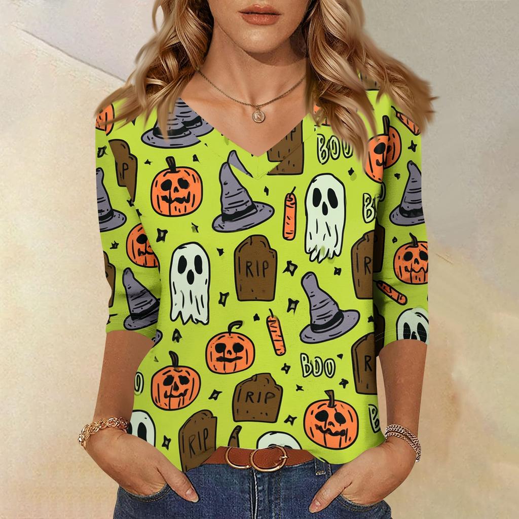 Women's Casual Halloween Print V Neck Three Quarter Sleeve Top Lightweight Loose Fit Pullover Shirt for Fall Seasonal Wear