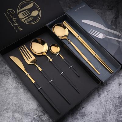 Knife Fork and Spoon Gift Box Stainless Steel Mirror Tableware Titanium Four-piece Set of Black Spoon Set