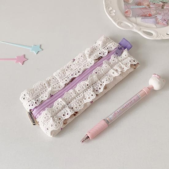Lace Trim Pencil Case Smooth Zipper Makeup Stationery Storage Bag Cute Pen Organizer for School Office