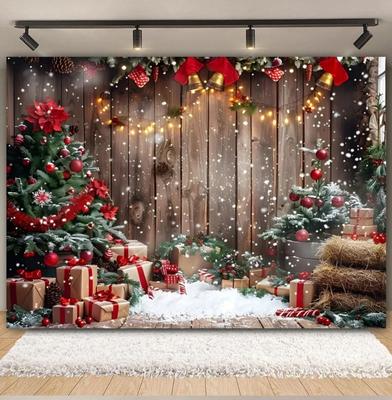 Christmas Party Backdrop Wood Wall Snow Xmas Tree Gifts Bells Winter Family Party Photography Background Decoration Banner