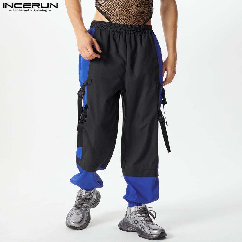 

INCERUN Men Elastic Waist Patchwork Bandage Hem Long Trousers Cargo Harem Pants S