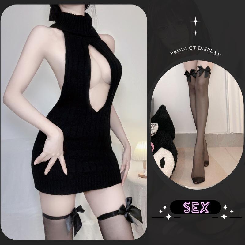 Sexy Lingerie Spring Pure Desire Backless Turtleneck Sleeveless Chest Leakage Knitted Sweater Uniform Temptation