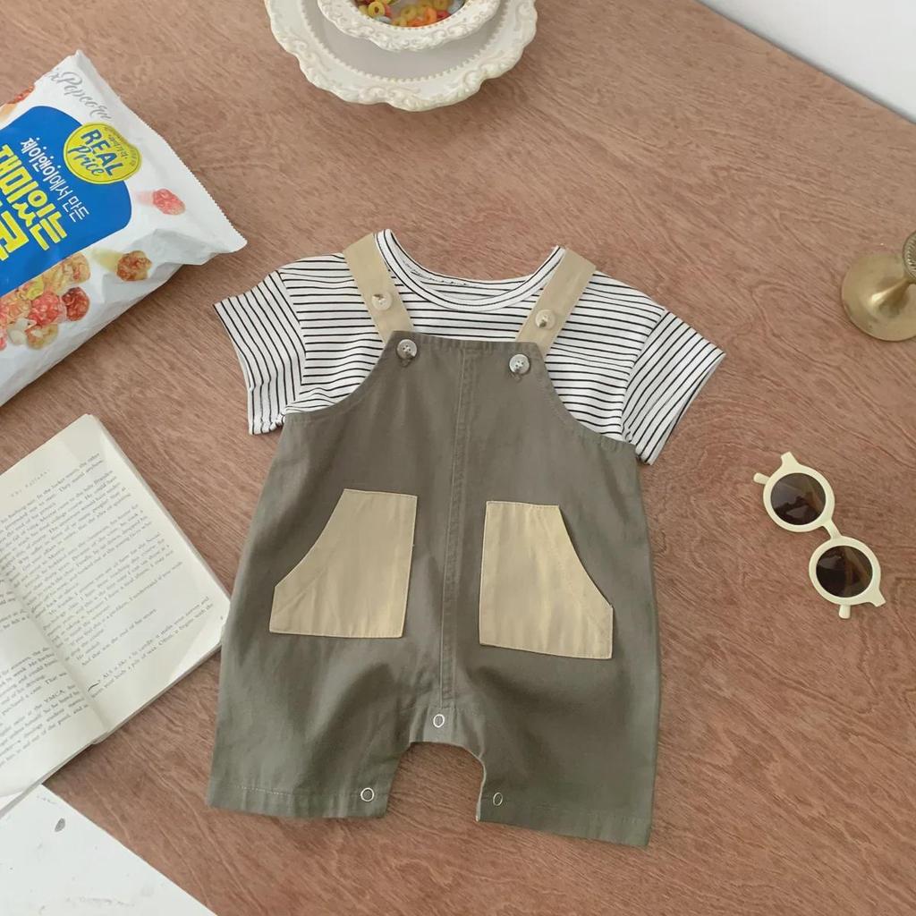 Korean-Style Baby Overalls: Unisex Infant Shorts with Pockets and Suspenders