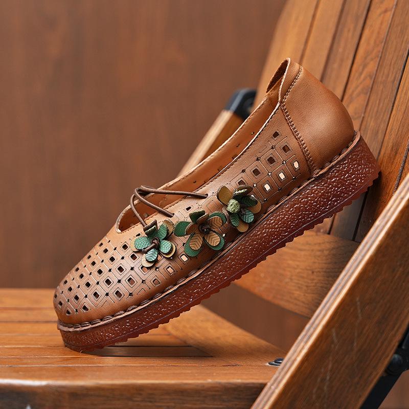 Johnature Flat Sandals Genuine Leather Hollow-out Breathable Retro Soft Soled Women's Shoes