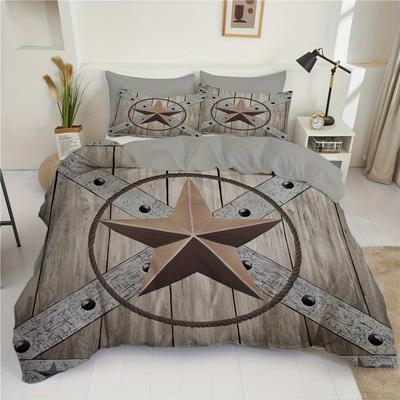 2/3pcs Star Wooden Door Printed Down Duvet Cover Set (1 Duvet Cover + 1/2 Pillowcase, Without Core), Farmhouse Barn Wooden Door