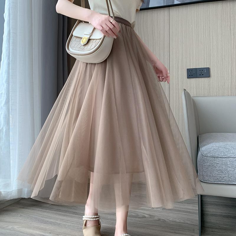 Mesh Skirt for Spring and Summer New Women's High Waist Mid-length Elastic Waist A-line Skirt Princess Long Skirt