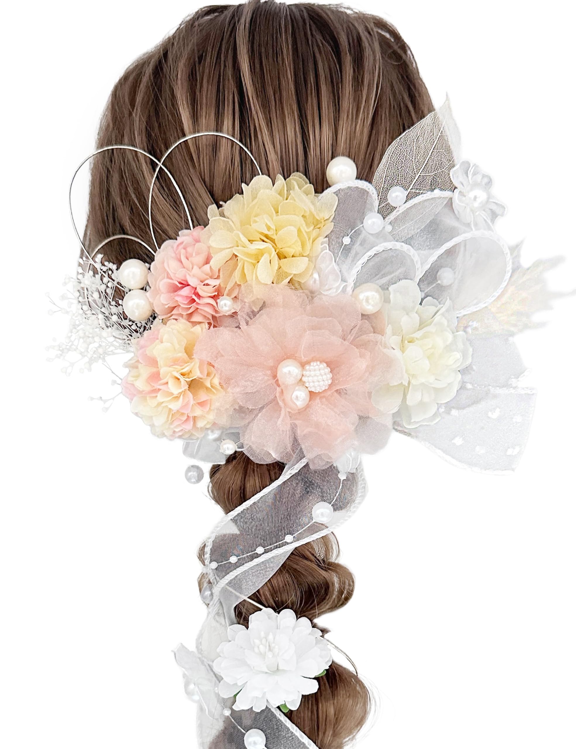 

[JZOON] Hair Accessory for Coming-of-Age Ceremony, Graduation Ceremony, Hakama, Furisode, White, Gray, Flower, Braided Hairstyle, Pearl, Ribbon,