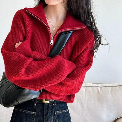 Damenpullover mit hohem Kragen und halbem Reißverschluss: Gemütliche Strickwaren im lockeren Schnitt für Herbst/Winter