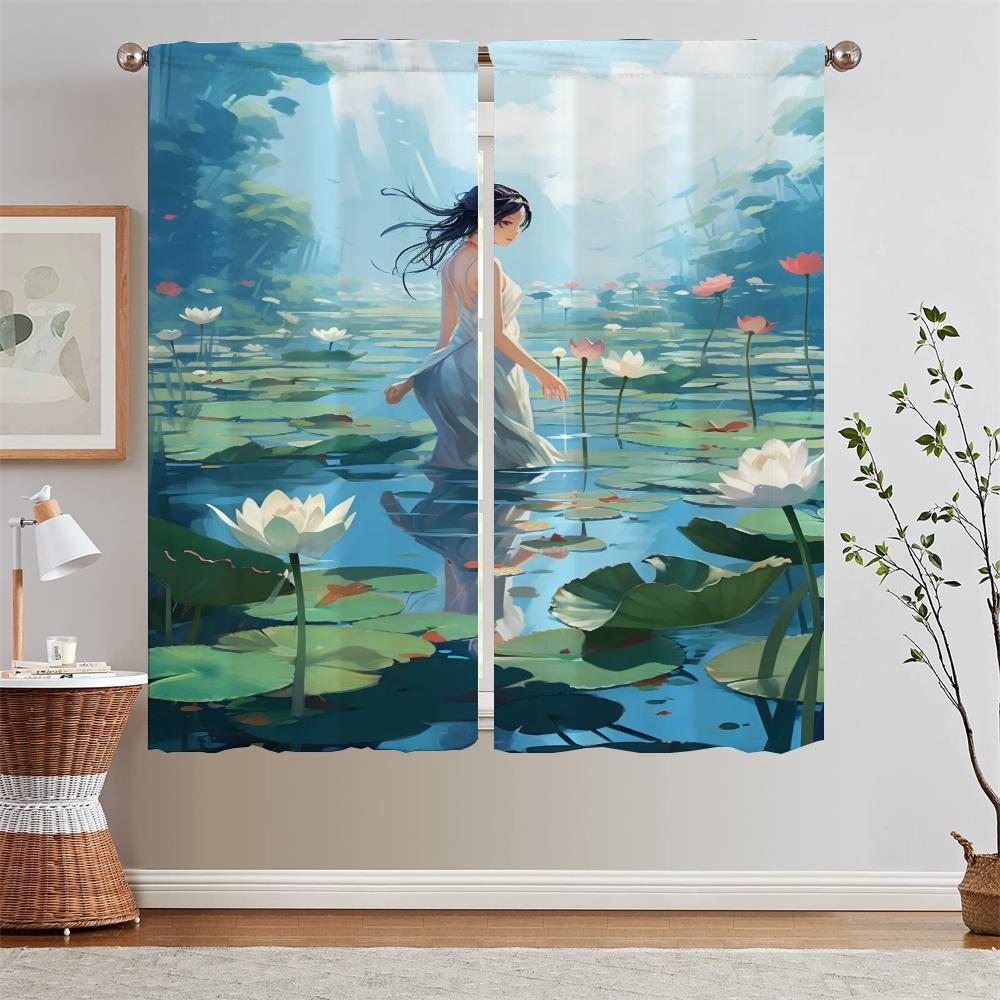 Summer Theme Lotus Pond Kitchen Curtains Livingroom Elegant Room Curtains for Bedroom Decoration Home and Decoration Blackout