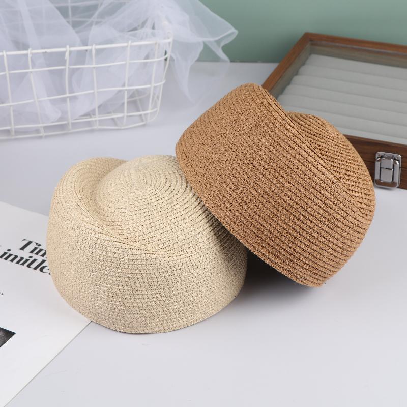 Ladies Solid Color Straw Beret Hat Summer Sun Cap Hostess Pillbox Hat For Women Retro Versatile Casual Painter Hat
