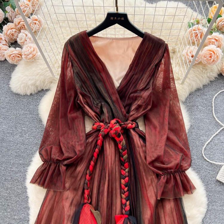 Fashion Bohe Women Mesh Party Long Dress V Neck Long Sleeves Gradient Lace Up A Line Sundress Pleated Maxi Dress