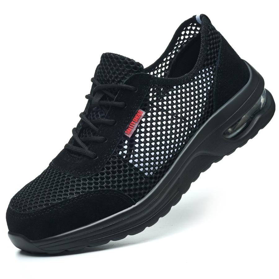 Men's Summer Steel Toe Safety Shoes Anti-Crush And Piercing Breathable Lightweight Outdoor Pure Black Work Shoes