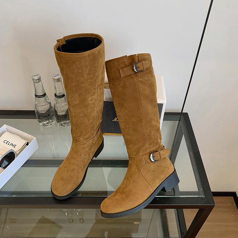 French Retro Belt Buckle Long Knight Boots for Women 2025 New British Style Niche Splicing Large Size High Boots for Women