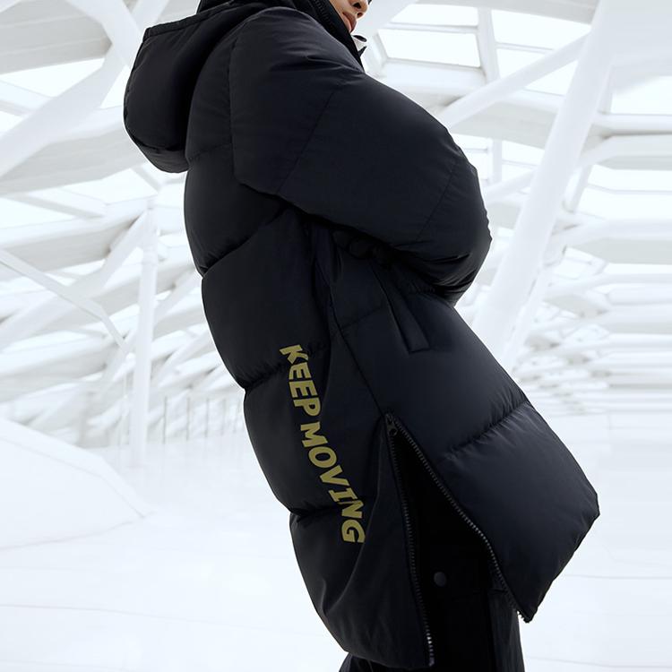 Anta Letter Mid-Length Hooded Down Jacket Men Outerwear Black 952148910-2