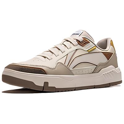 Li Ning Common 80s Synthetic Leather Slip Resistant Abrasion Resistant Low Top Skateboard Shoes Women's Beige Brown AGCU158-2