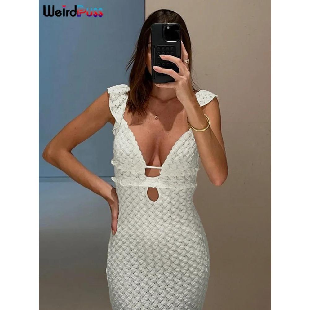 Abito Doppio Strato Weird Puss Donna Volant Cavati Estivo Schiena Nuda Spalline Tinta Unita Pizzo A Balze Chic Elegante Festa Aderente Vestidos