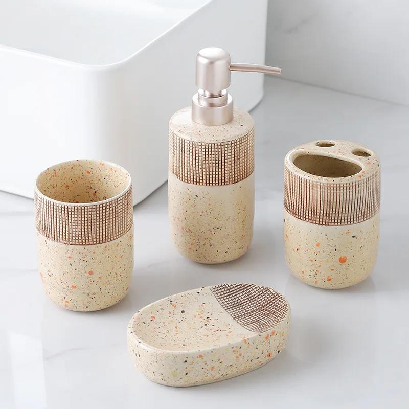 Washing Kit Sub-bottle Wood Grain Square Bathroom Lotion Bottle Soap Dish Ceramic Bathroom Four-piece Set