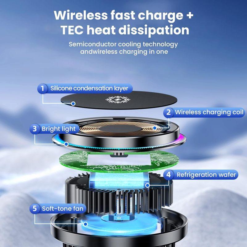  15W Ice Cooling Magnetic Wireless Car Charger Fast Charging Station for iPhone15 14 13 12 Pro Max MacSafe Car Phone Holder Stand