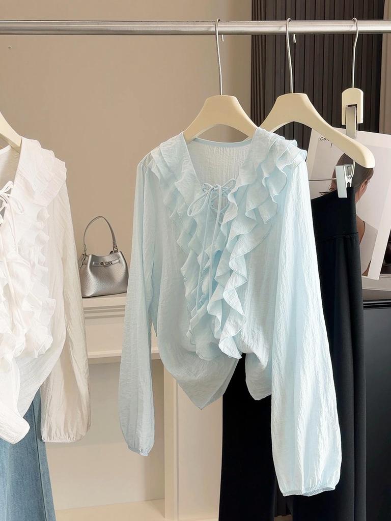 Korean Style Sweet Ruffle V-Neck Tie-Up Long Sleeve Shirt for Women - Spring Collection