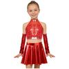 Set Costume da Danza Jazz per Bambini Scintillante Paillettes Crop Top Schiena con Foro Senza Maniche Taglie Forti Gonna a Zampa Metallizzata e Guanti con Frange di Paillettes Gara