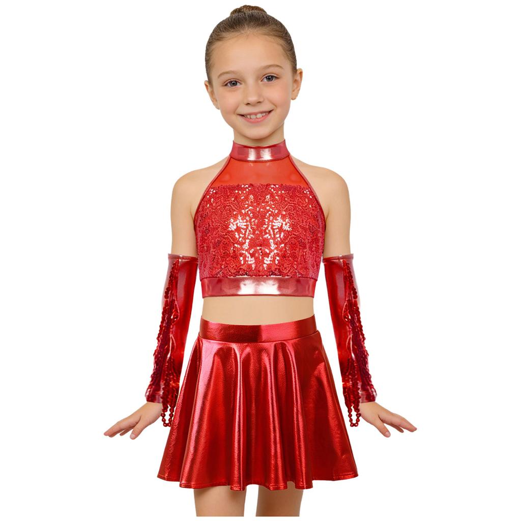 Set Costume da Danza Jazz per Bambini Scintillante Paillettes Crop Top Schiena con Foro Senza Maniche Taglie Forti Gonna a Zampa Metallizzata e Guanti con Frange di Paillettes Gara