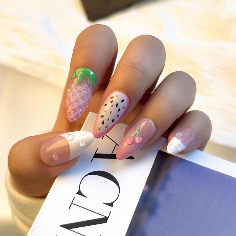 Französische Sommerfrüchte Nagelkunst: 24 Stück 3D Kirsch-Mandel-Press-On-Nägel