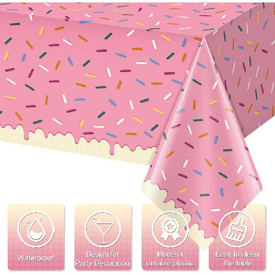 3Pcs Sprinkle Donut Tablecloth, Pink Ice Cream Table Cloth Disposable Plastic Rectangle Table Covers for Baby Girl Sweet One Birthday Donut Grow Up
