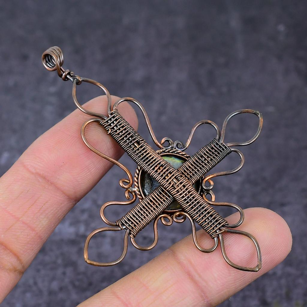 Labradorite Gemstone Handmade Copper Wire Wrap Cross Jewelry Pendant 3.15" H8n74