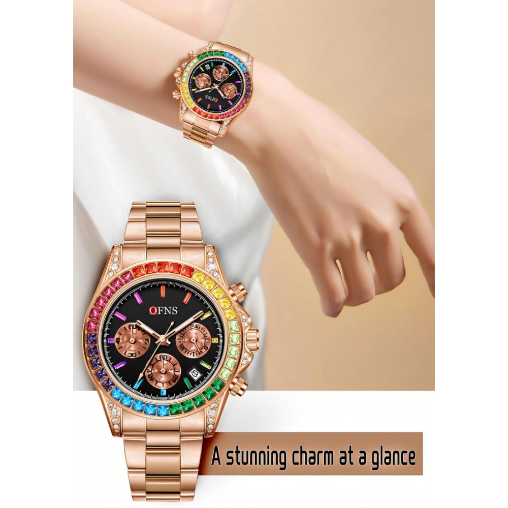 Pánské hodinky Rainbow Diamond Chronograph Šestiprsté Quartzový strojek Voděodolné Kalendář Noční osvětlení Luxusní pánské hodinky