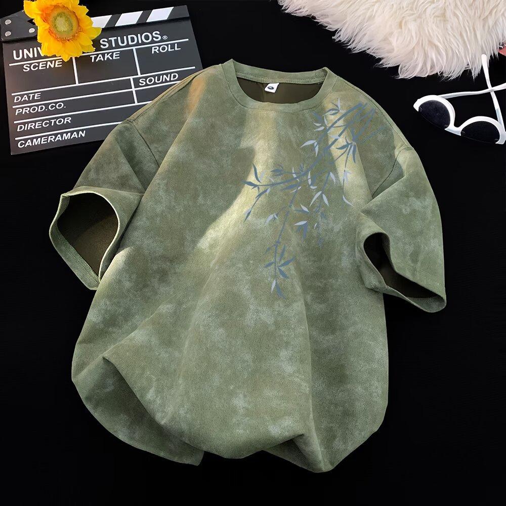 Men's Tie Dye Bamboo Print Short Sleeve T-Shirt - Oversized Casual Streetwear Chinese Style Tee