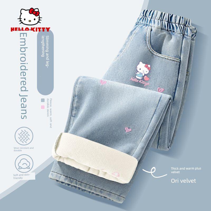 Hellokitty Girls' Fleece-Lined Jeans, Autumn and Winter Integrated Fleece Embroidered Straight-Leg Pants, Stylish Children's Thickened Pants