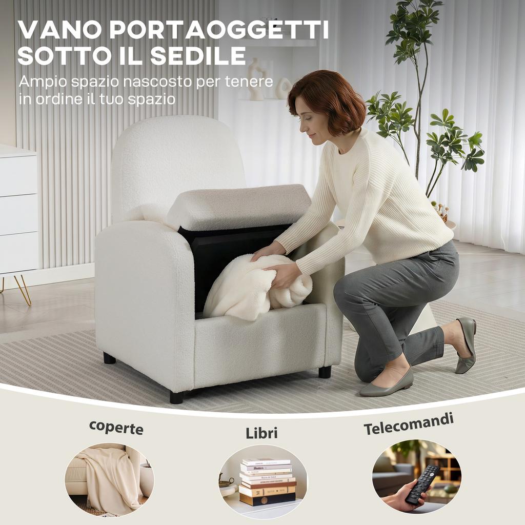 Modern Armchair With Hidden Storage Space And Cushion Teddy Fleece Upholstery 76x77x95 Cm Cream