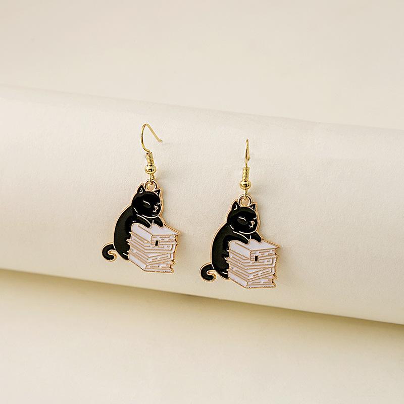 Fun Cartoon Drip Cat Alloy Earrings, Creative Personality Cushion Earrings, Cute Teacup Book Earrings, Women