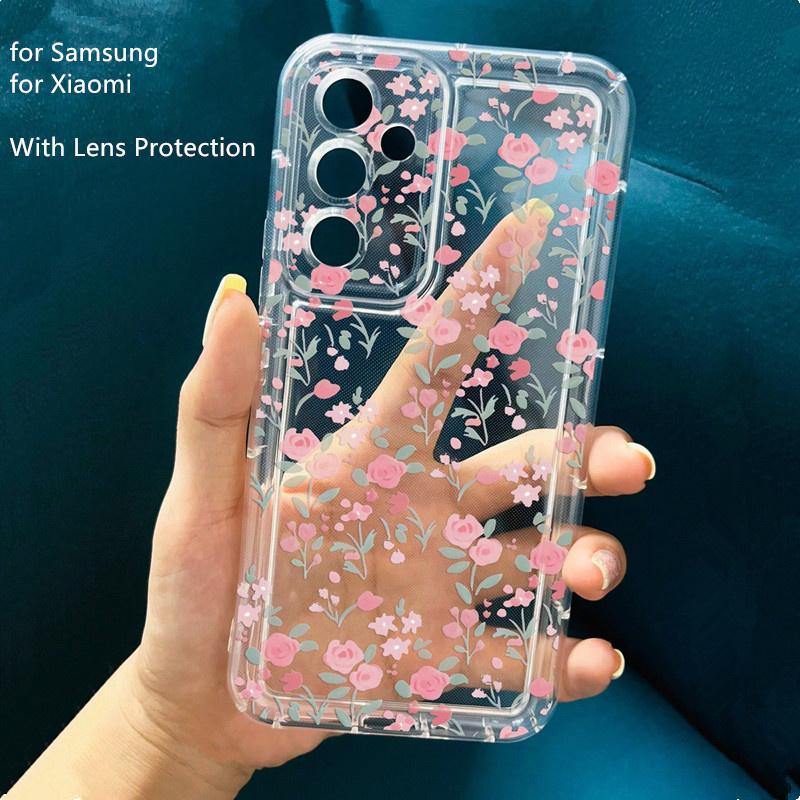 Průhledný růžový květinový kryt pro Samsung Galaxy S24 S23 Ultra S22 Plus S21 FE A55 A35 A15 A54 A34 A14 A53 A33 Kryt se vzduchovým polštářem