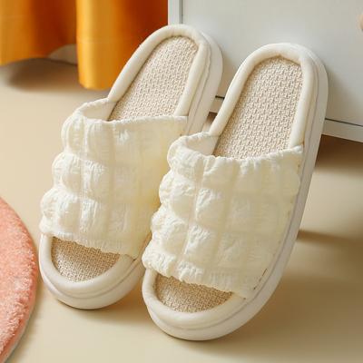 Women Home Slippers Open-Toe Cross Band Linen Soled Indoor Slides Linen Soled Non-Slip Bathroom Slippers