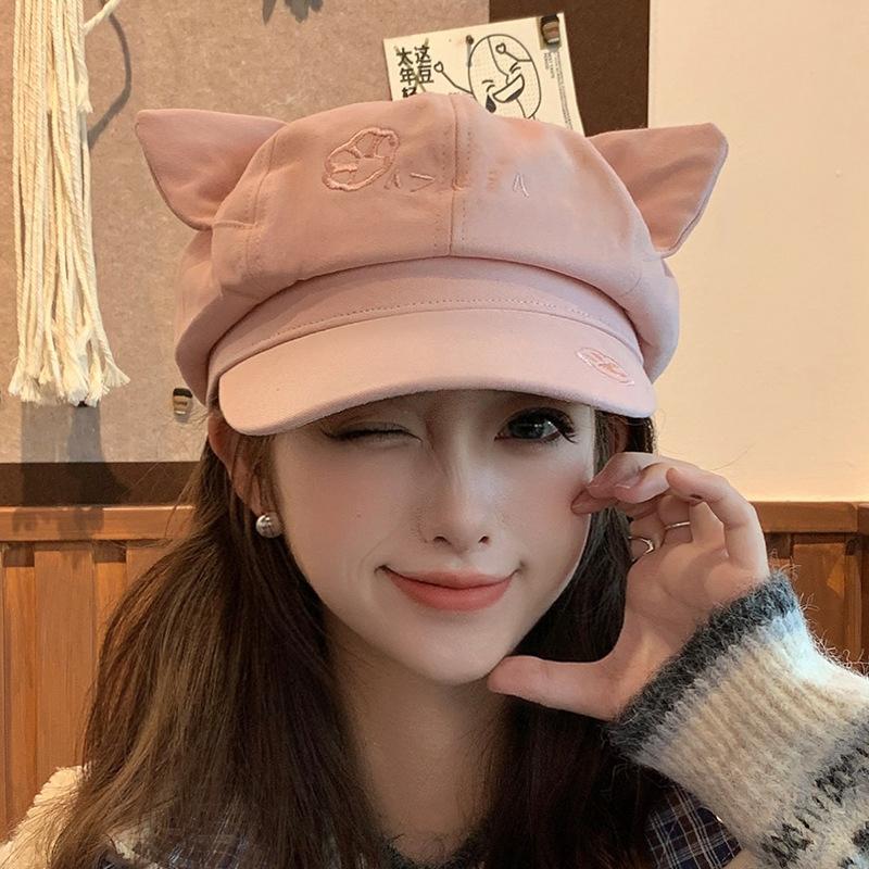 Korean Retro Cat Ear Octagonal Beret For Women Autumn And Winter Brushed And Warm