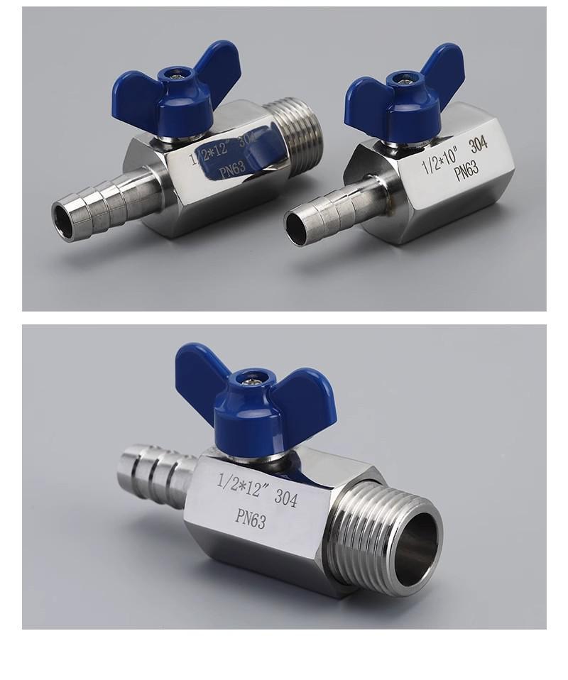 304 Stainless Steel Mini Ball Valve with Butterfly Handle, Internal/External Threads, High Pressure, 4-Way Pagoda Tube Connector.