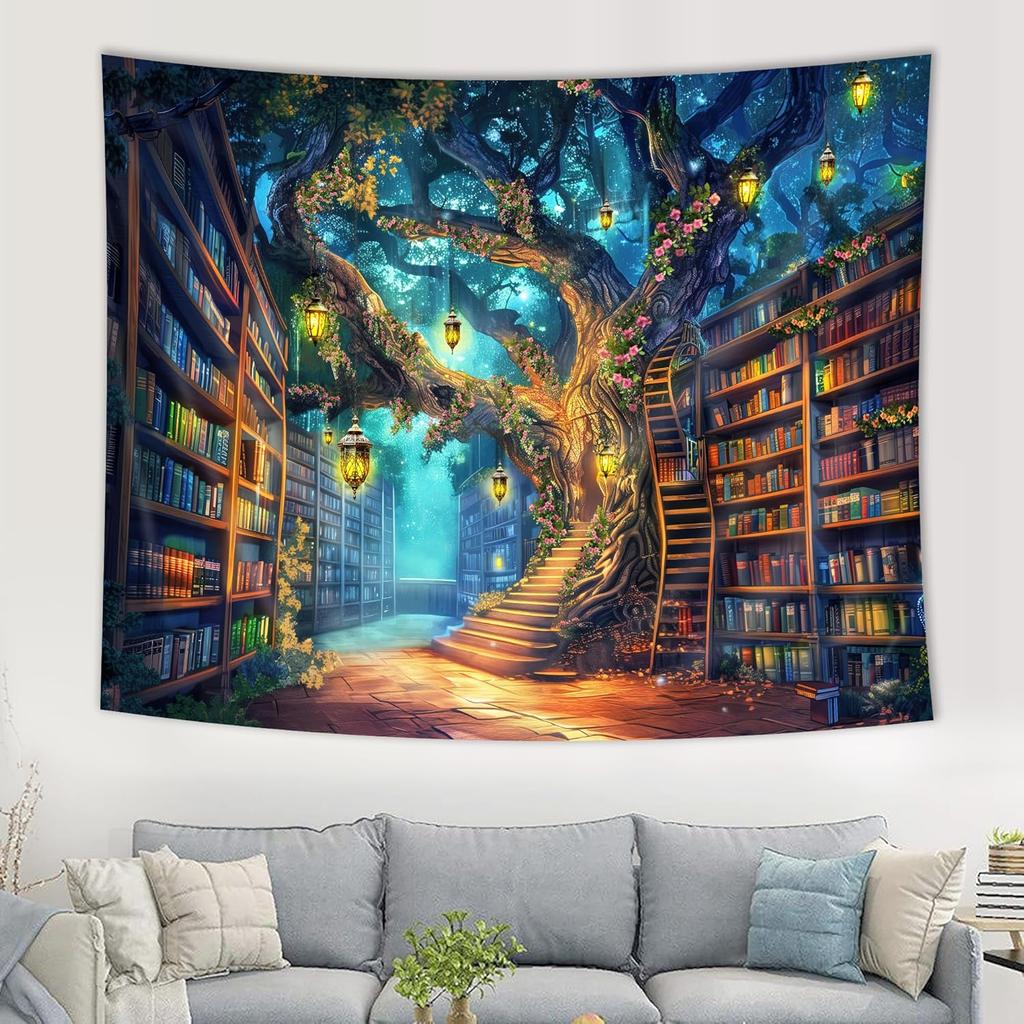 Enchanted Forest Library Wall Tapestry Fantasy Tree Bookshelf Magic Reading Room Decor Kids Room Hanging Boho Art