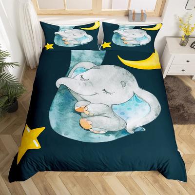 Cartoon Elephant Duvet Cover Girls Boys Moon Star Elephant Bedding Set Cute Elephant Comforter Cover Kawaii Animal Quilt Cover