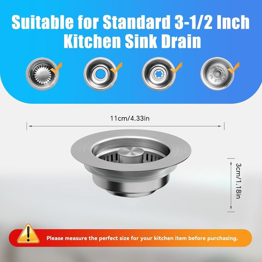3 In 1 Sink Strainer Stopper - Kitchen Sink Stopper with Upgraded Bigger Basket, 304 Stainless Steel Anti-Clogging Drain Strainer for US Kitchen