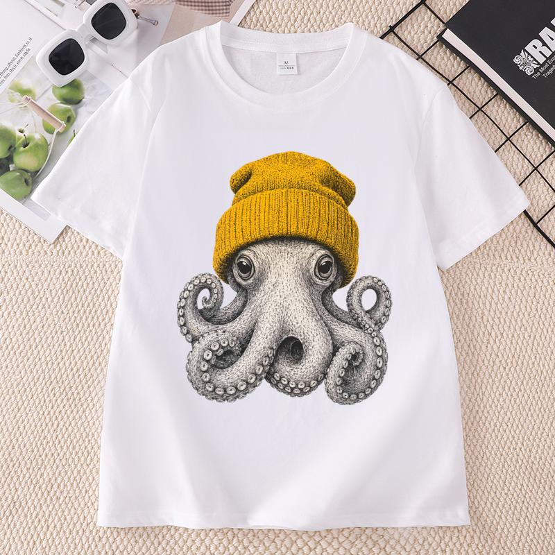 Cute Octopus Beanie T Shirt Ocean Animal TShirt Vintage Octopus Tees Casual Round Neck Printed Cotton Short Sleeve Tshirts