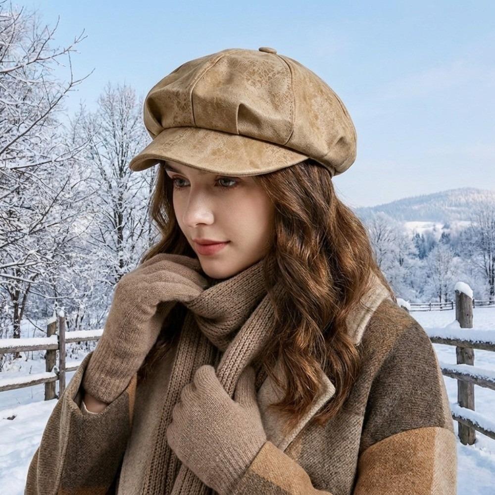 Octagonal Cap Pu Leather Beret British Style Painter Hat Elegant Artist Cap  Women