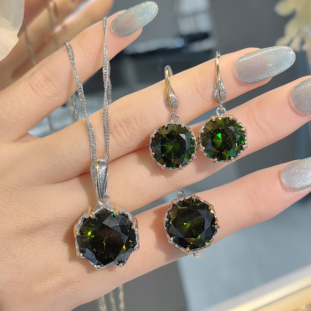 Italian Retro Gilt Imitation Natural Citrine Ring Pendant Stud Earrings Set Two-Color Gold Sea Blue Colored Treasure Necklace Women