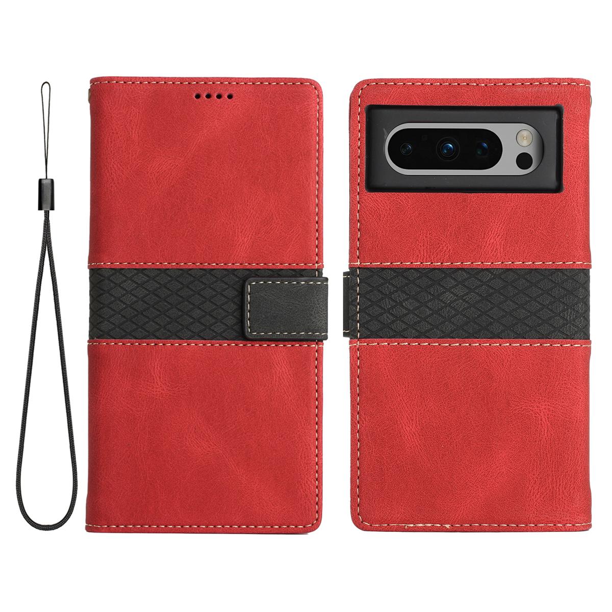 

For Google Pixel 8 Pro PU Leather Cover Magnetic Flip Wallet Grid Splicing Phone Stand Case with Strap Red