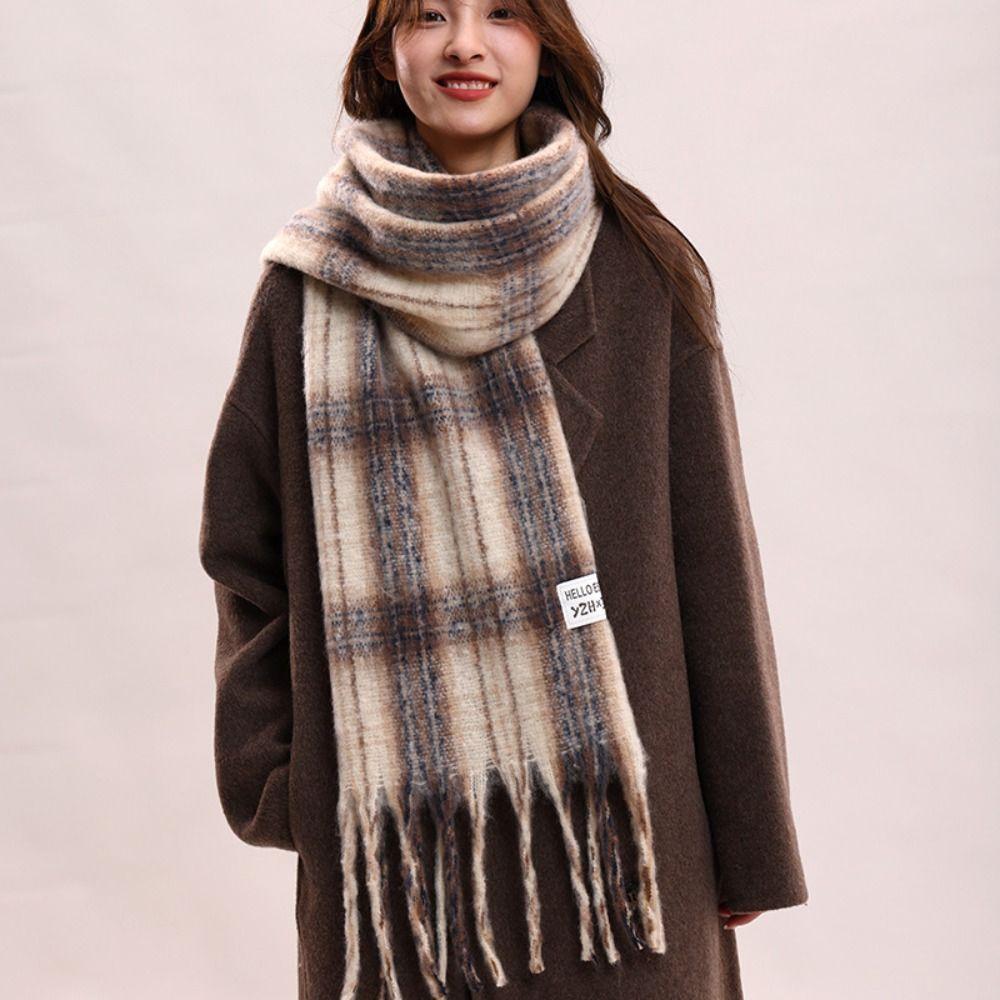 Tassel Plaid Wool Scarf Mohair Long Shawl Elegant Winter Cashmere Scarves  Girl