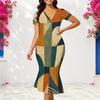 Women Plus Size V Neck Short Sleeve Green Khaki Geometric Printed Fitted Fishtail Dress